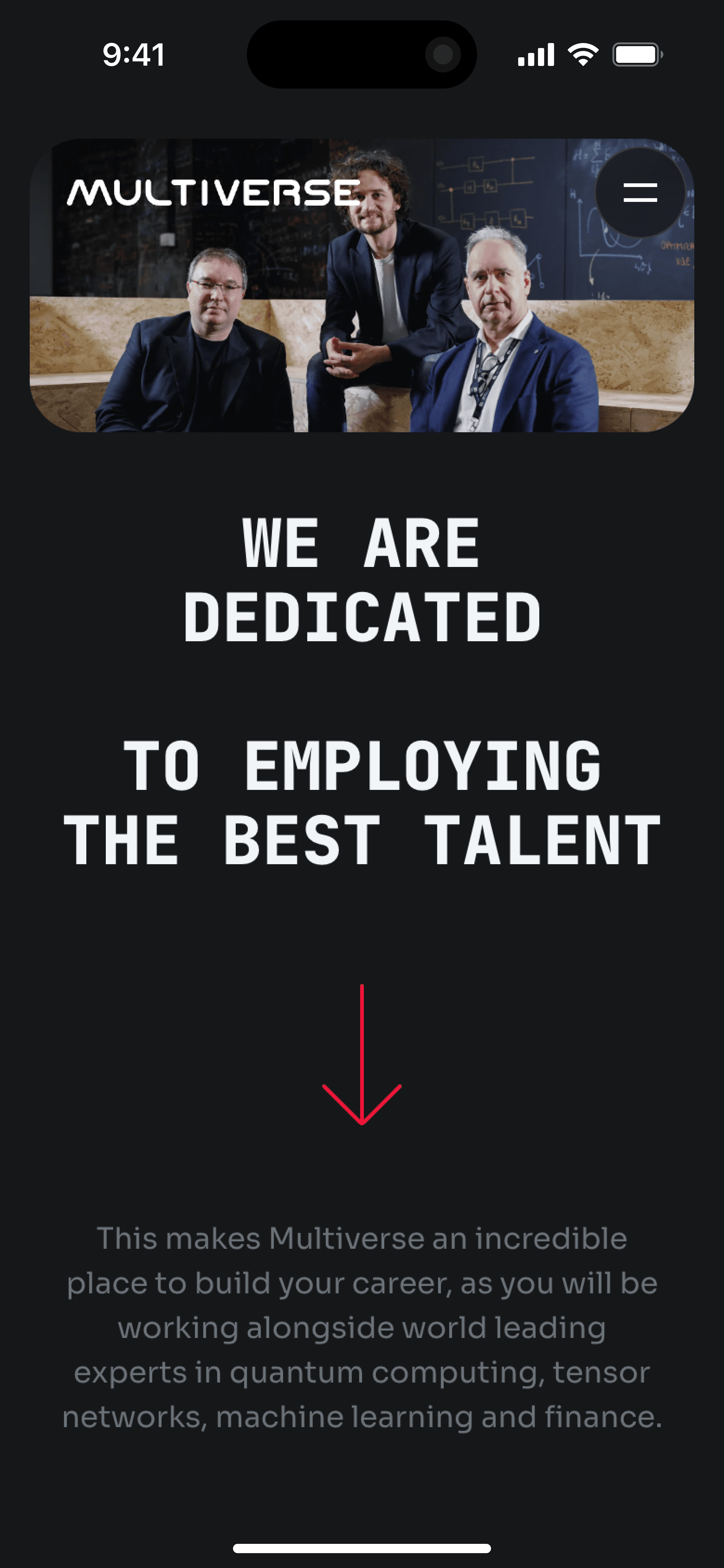 Multiverse computing's Responsive about us page