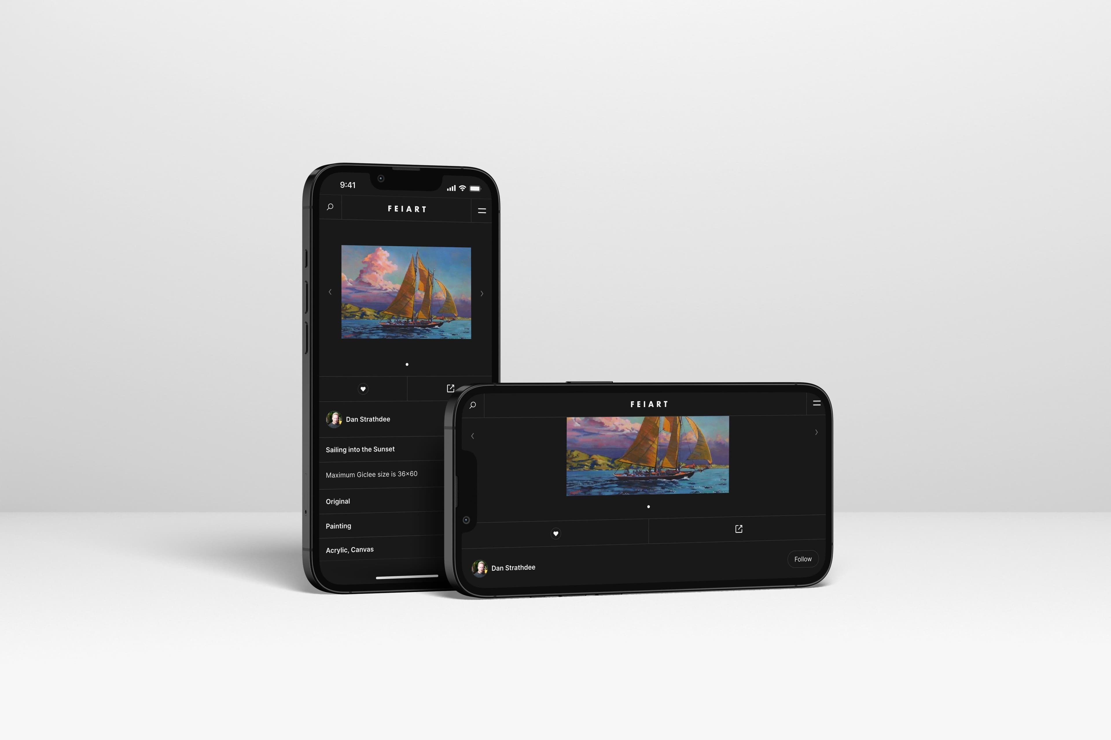 FEIART's responsive website design on iPhone 13 mockup